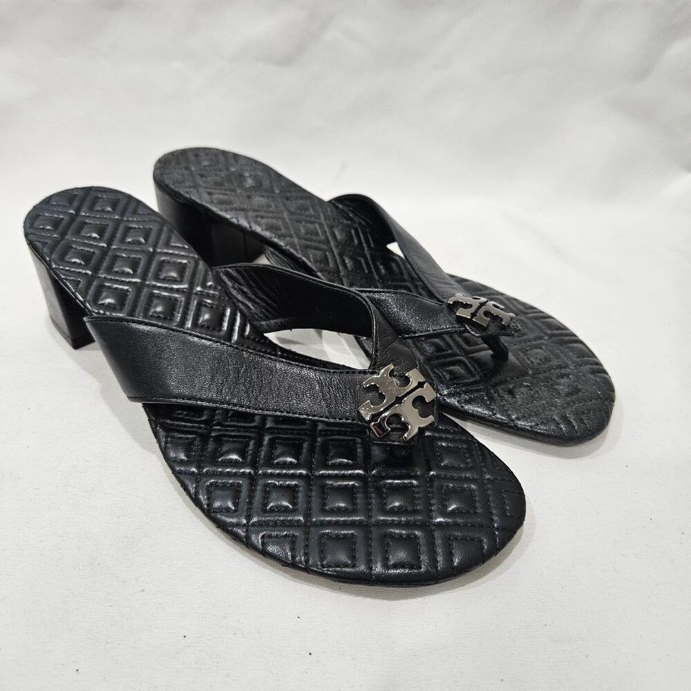 Tory Burch Marion Quilted Leather Thong Sandals Black Block Heel Y2K Size 8M